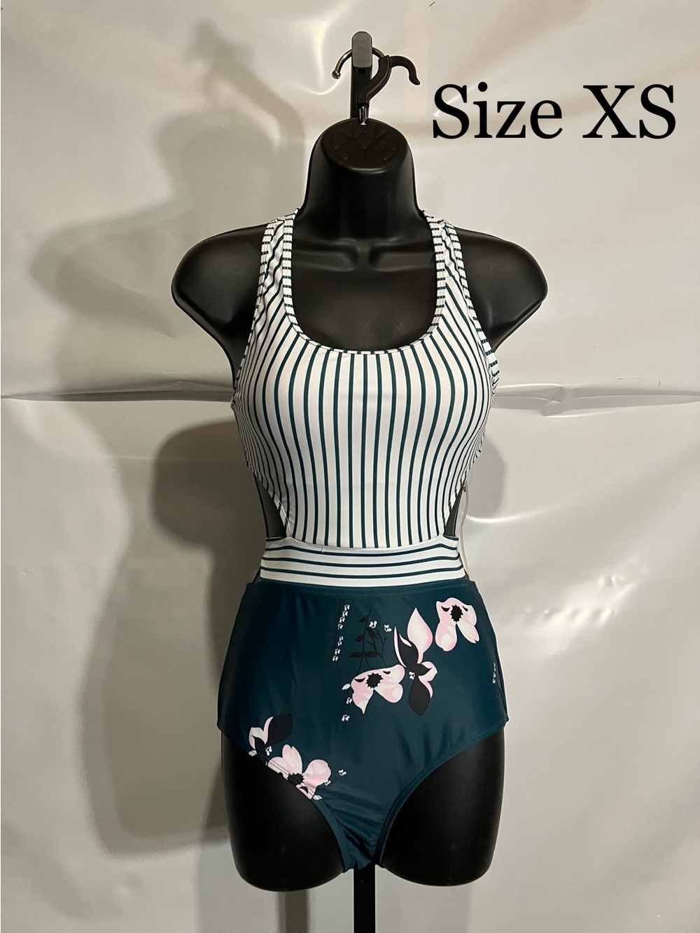 Kids Striped & Floral One-Piece Swimsuit in Dark Teal and White Size XSmall